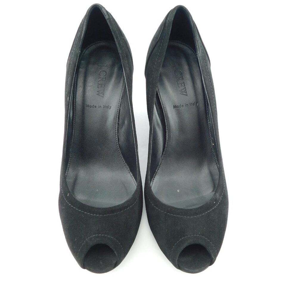 J. CREW Black Suede Leather Peep Toe Wedge Heel Pumps 8